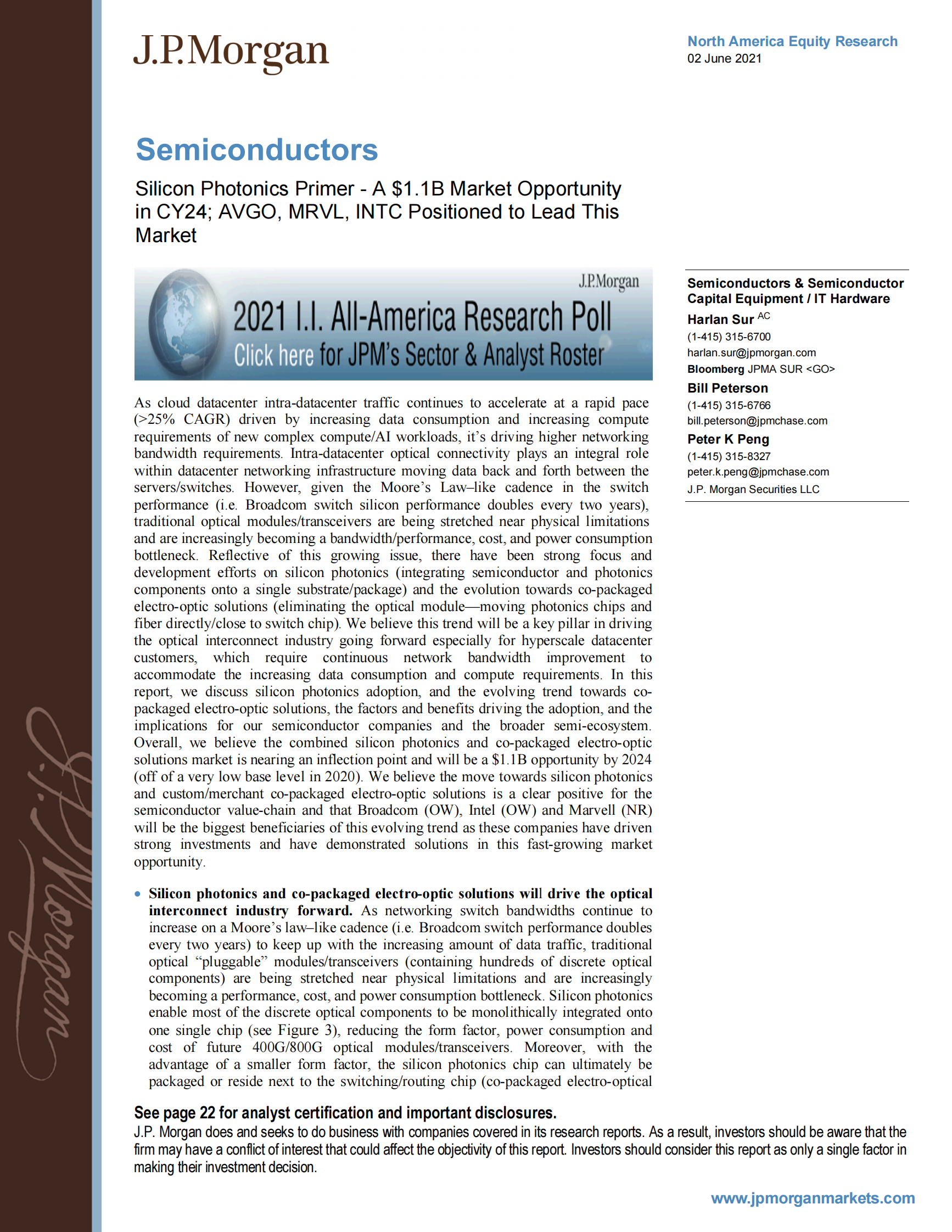 J.P. 摩根-美股半导体行业：硅光子入门——到2024年一个11亿美元的市场机会-2021.6.2-27页 第1页