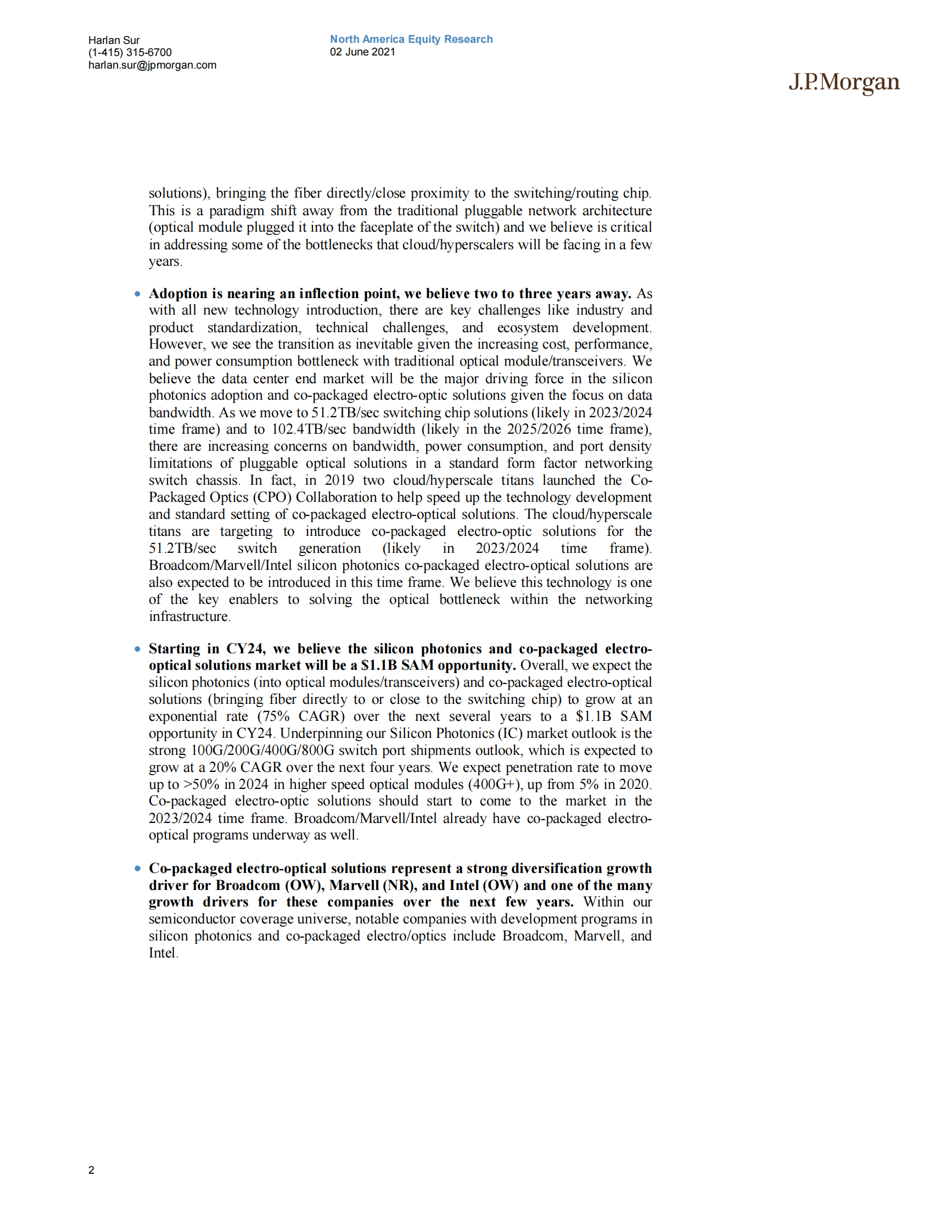 J.P. 摩根-美股半导体行业：硅光子入门——到2024年一个11亿美元的市场机会-2021.6.2-27页 第2页