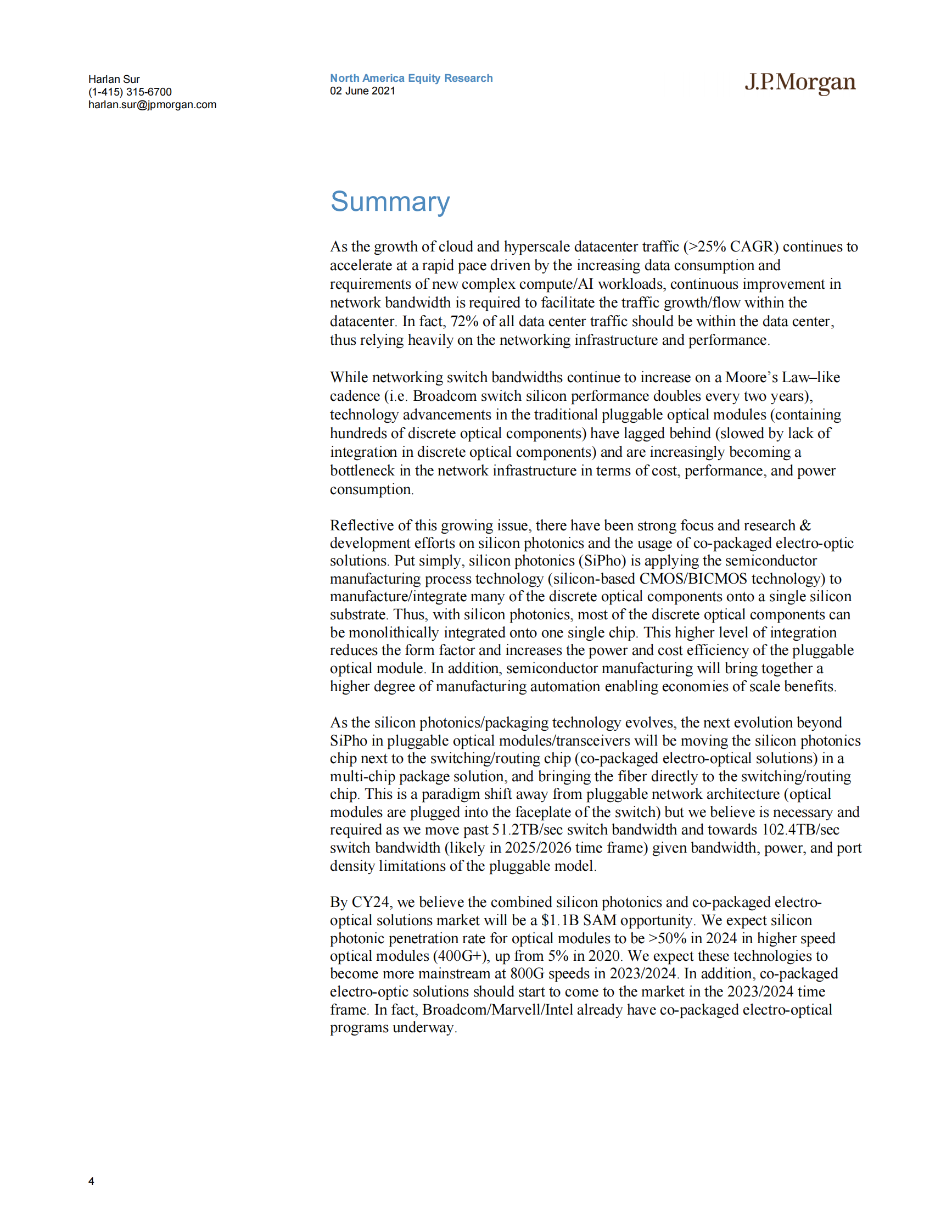 J.P. 摩根-美股半导体行业：硅光子入门——到2024年一个11亿美元的市场机会-2021.6.2-27页 第4页