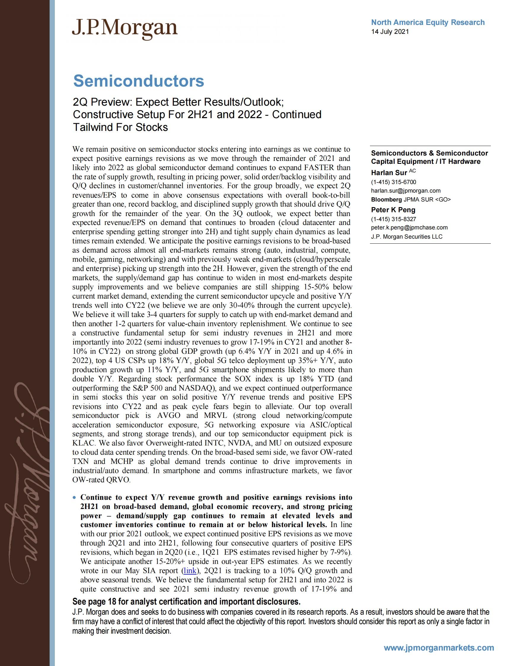 J.P. 摩根-美股半导体行业-第二季度预览：期待更好的前景；为下半年和2022年建立建设性的基础-2021.7.14-22页 第1页