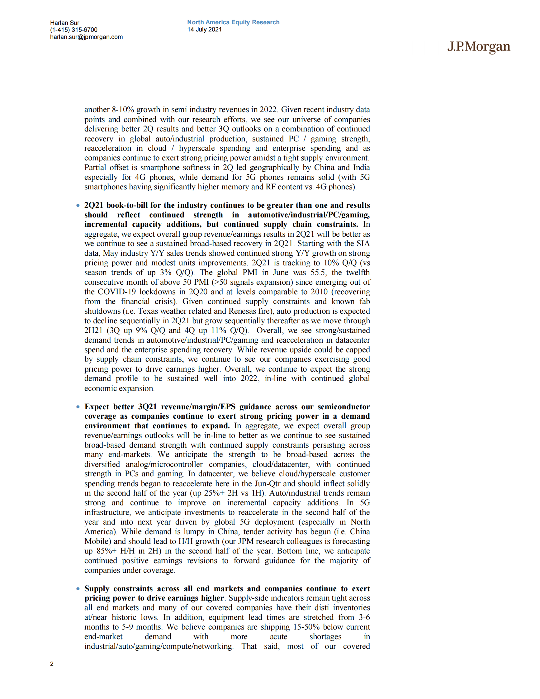 J.P. 摩根-美股半导体行业-第二季度预览：期待更好的前景；为下半年和2022年建立建设性的基础-2021.7.14-22页 第2页