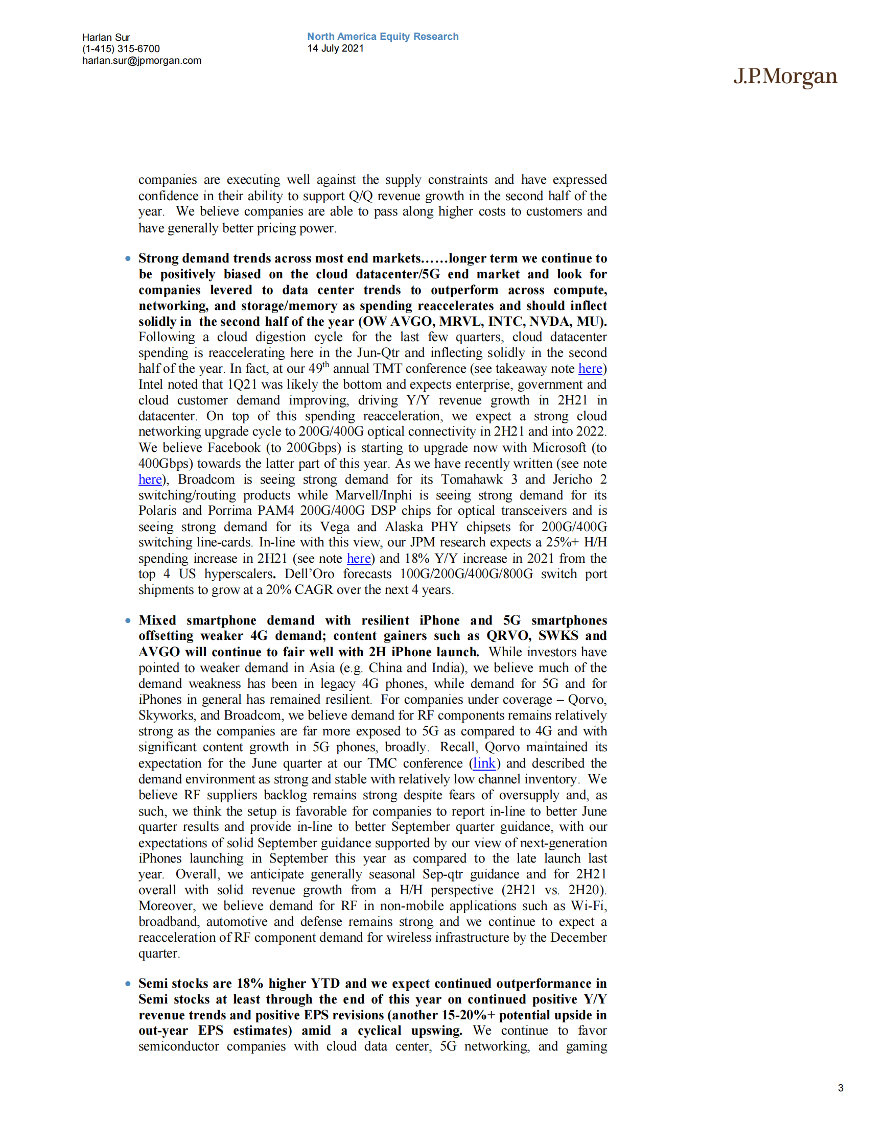 J.P. 摩根-美股半导体行业-第二季度预览：期待更好的前景；为下半年和2022年建立建设性的基础-2021.7.14-22页 第3页