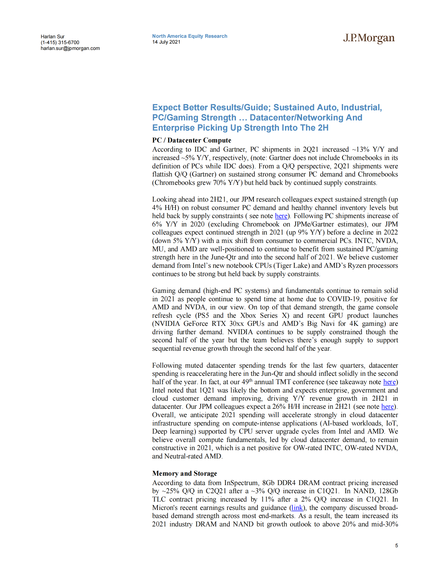 J.P. 摩根-美股半导体行业-第二季度预览：期待更好的前景；为下半年和2022年建立建设性的基础-2021.7.14-22页 第5页