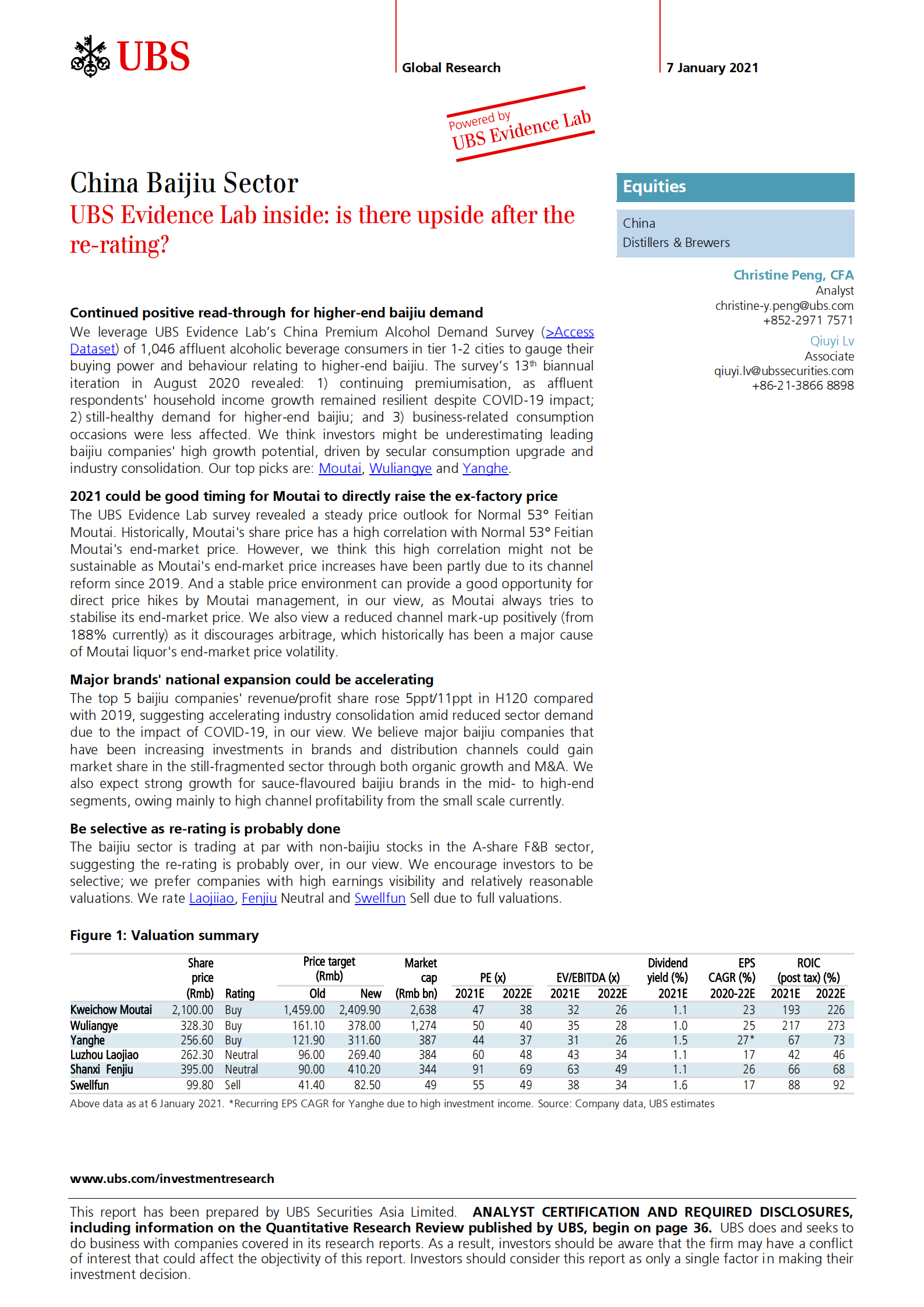 瑞银-中国白酒行业：重新评级后会有上行空间吗？-2021.1.7-43页 第1页