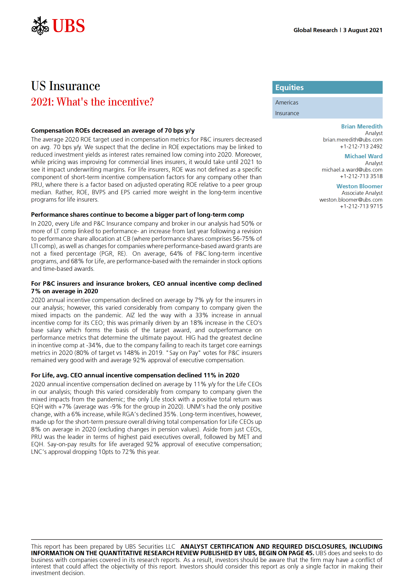 瑞银-美股保险行业-2021年：动机是什么？-2021.8.3-52页 第1页