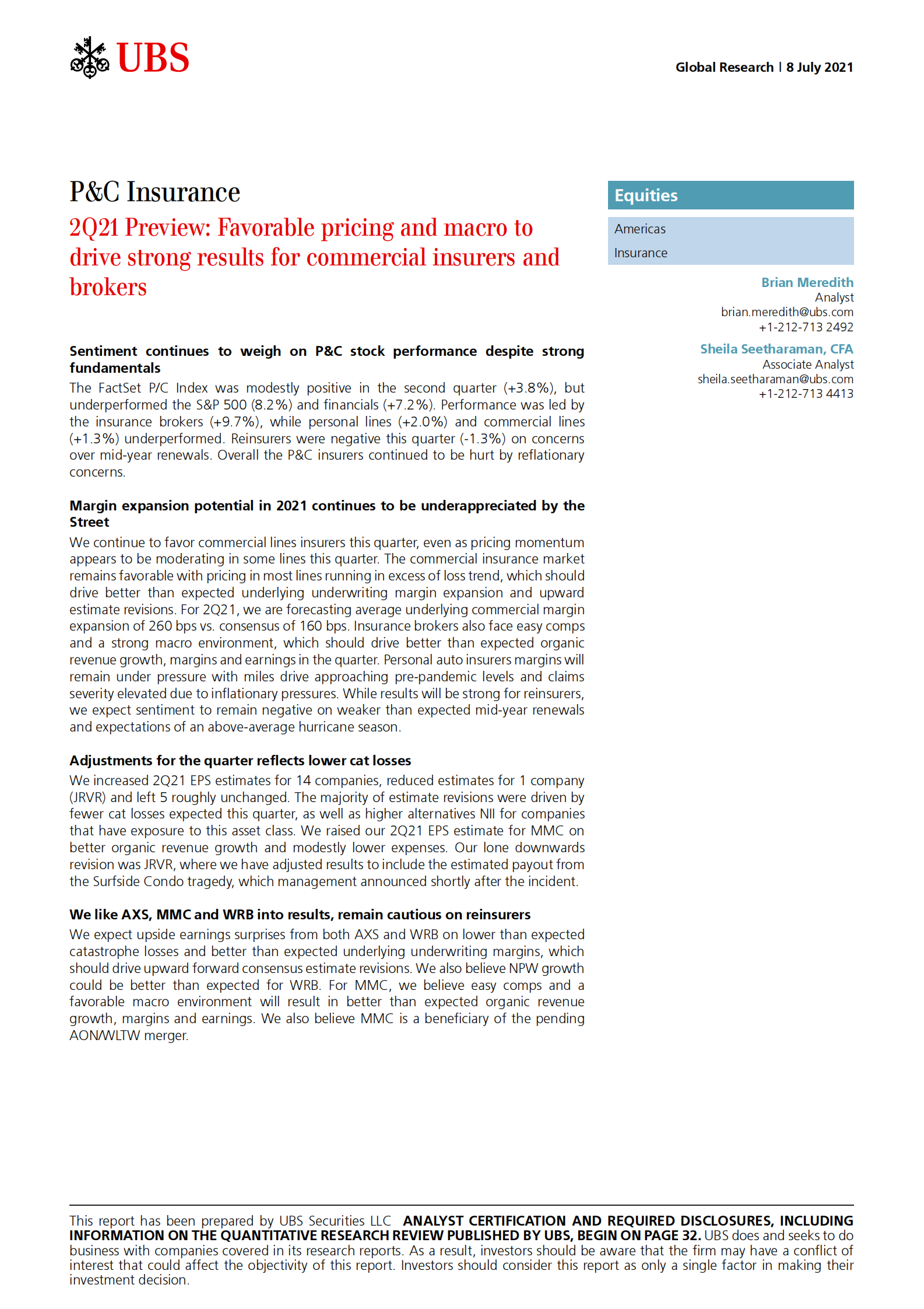 瑞银-美股保险行业-2021年第二季度预览：有利的定价和宏观政策将推动商业保险公司和经纪人取得强劲业绩-2021.7.8-40页 第1页