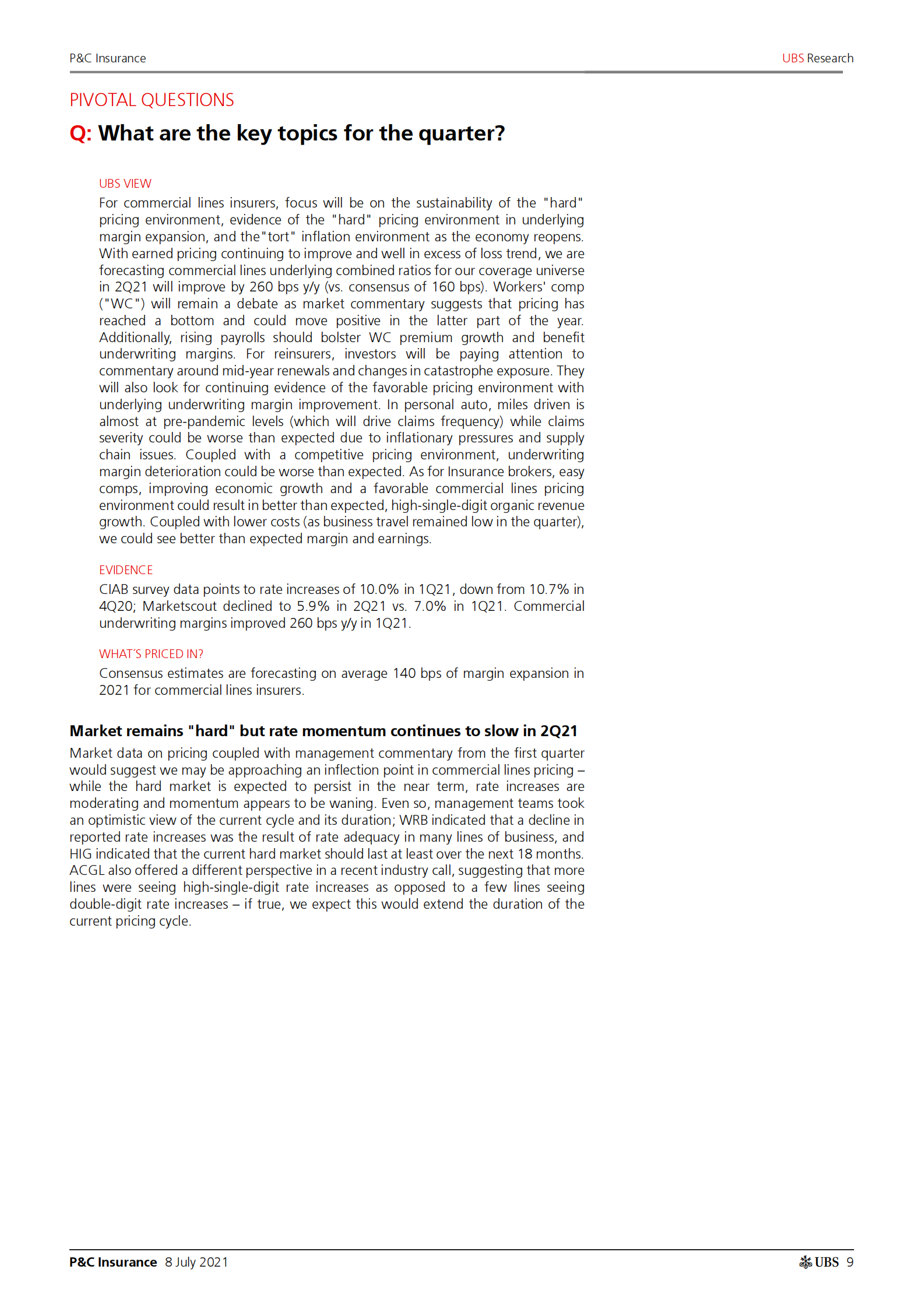 瑞银-美股保险行业-2021年第二季度预览：有利的定价和宏观政策将推动商业保险公司和经纪人取得强劲业绩-2021.7.8-40页 第9页