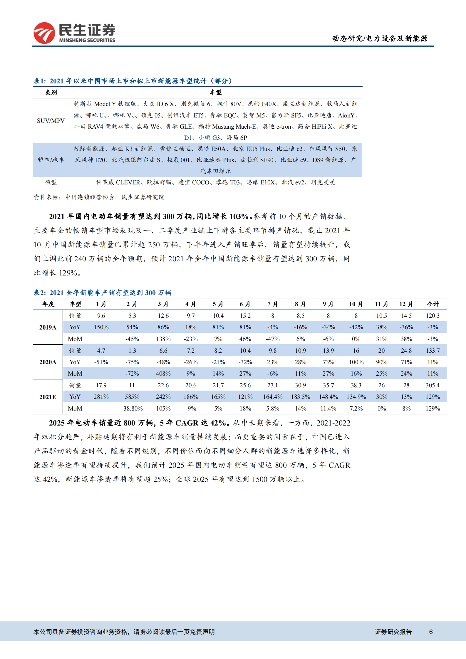 电力设备及新能源行业EV观察系列10月国内新能车销量：10月新能源销量继续同环比增长-20211118-民生证券-20页 第6页