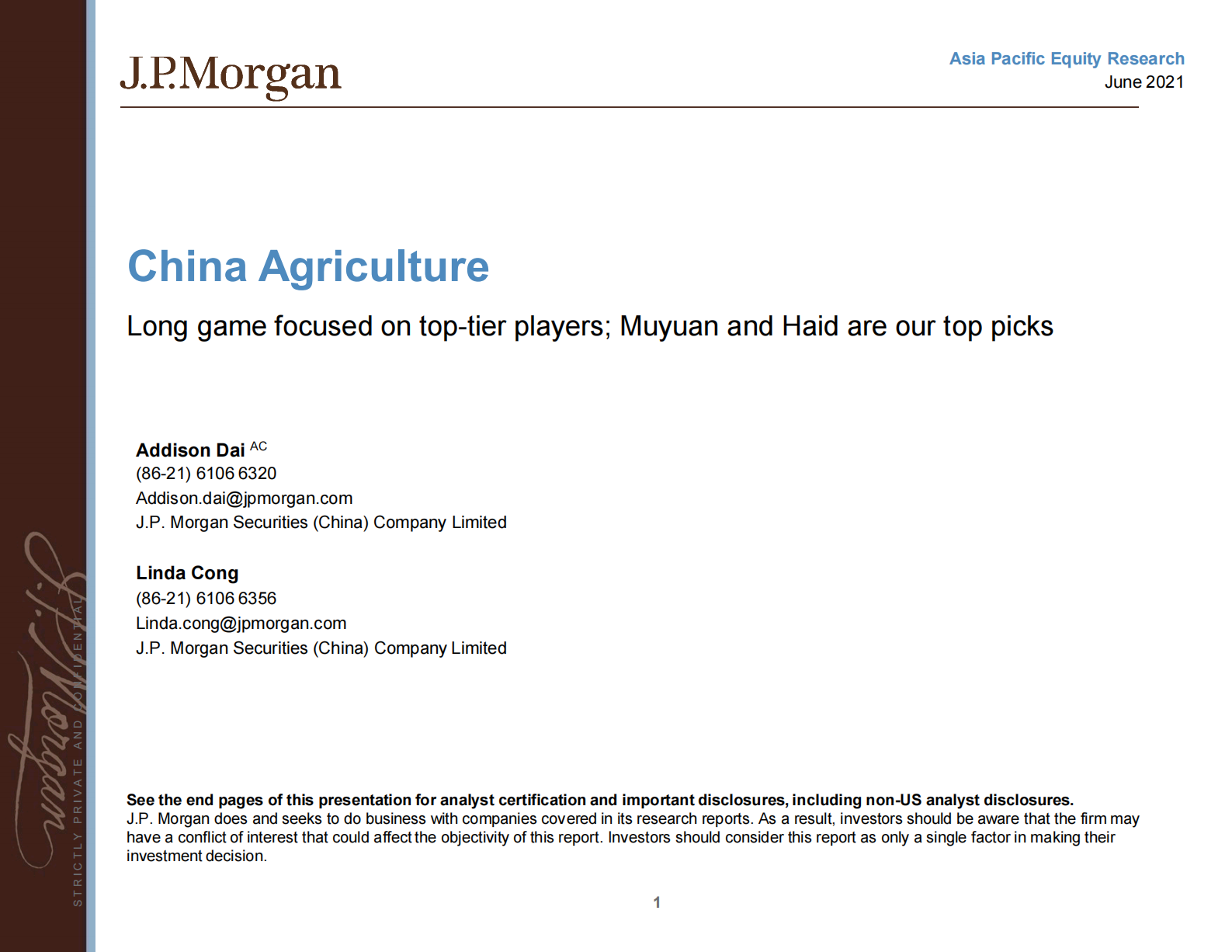 J.P. 摩根-中国农业行业：专注于顶级玩家的长期游戏-2021.6-55页 第1页