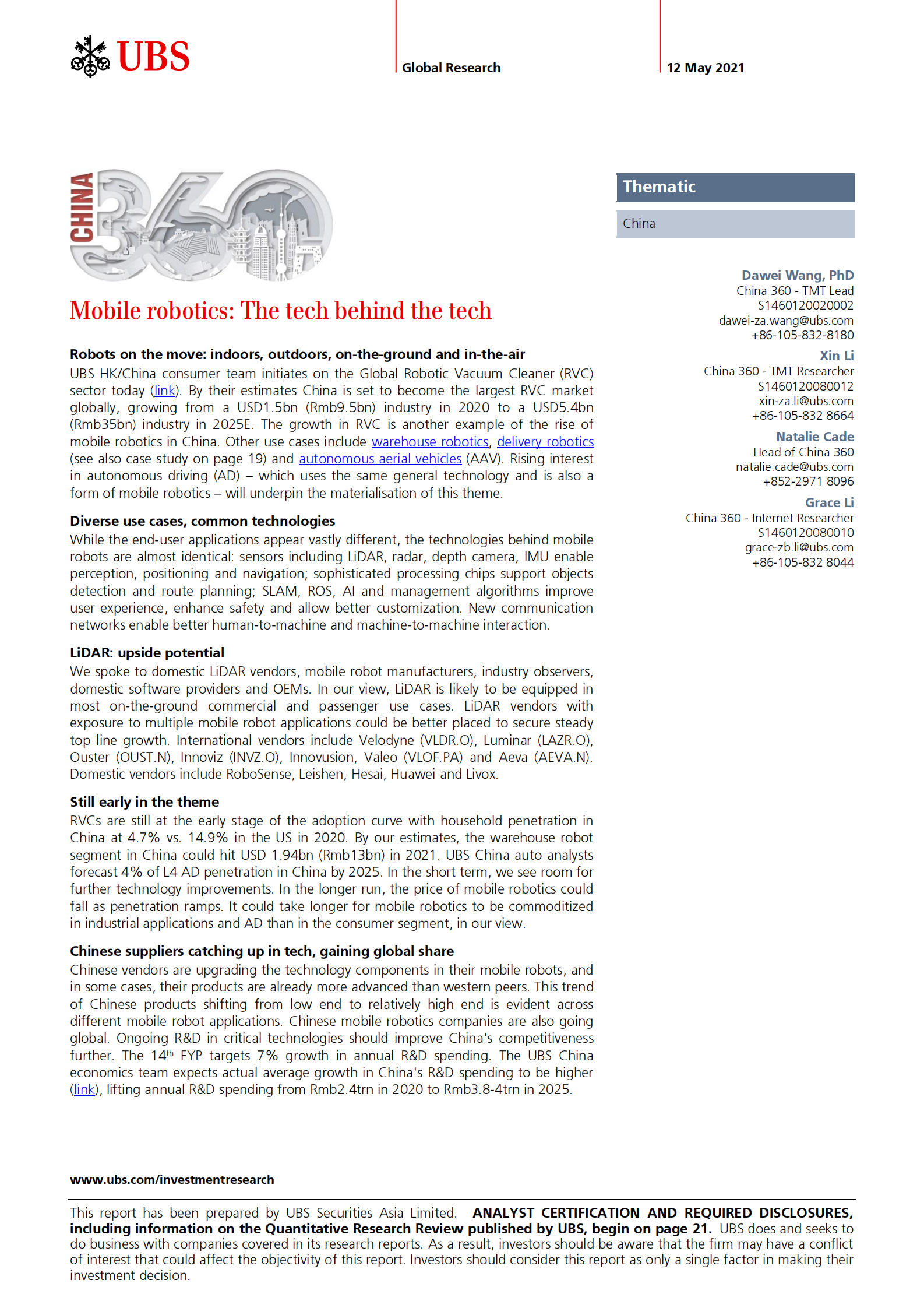 瑞银-中国投资策略-移动机器人：技术背后的技术-2021.5.12-25页 第1页