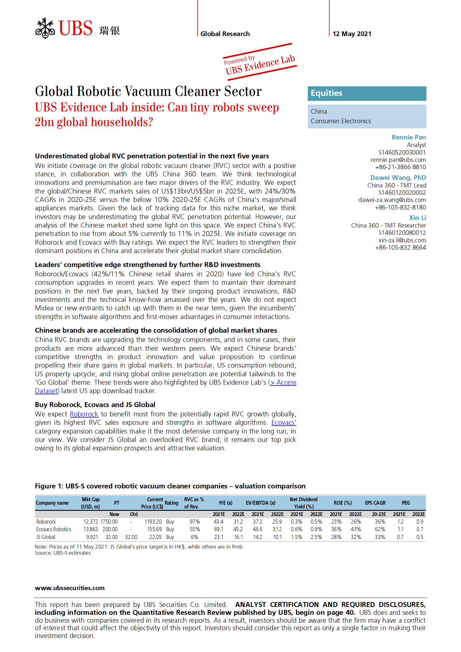瑞银-中国消费电子行业-全球机器人吸尘器：微型机器人能否席卷全球20亿家庭？-2021.5.12-48页 第1页