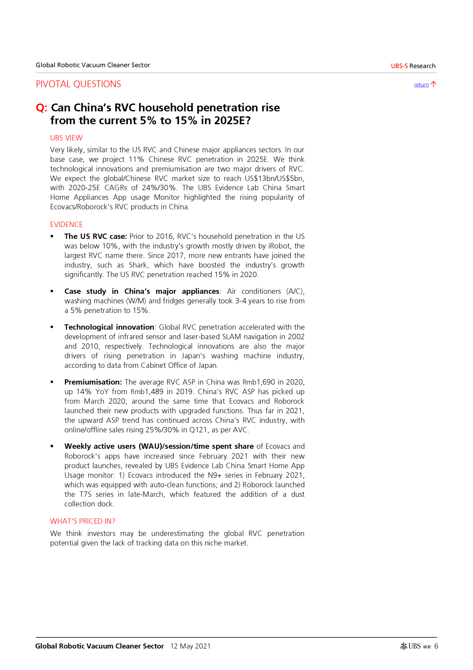 瑞银-中国消费电子行业-全球机器人吸尘器：微型机器人能否席卷全球20亿家庭？-2021.5.12-48页 第6页