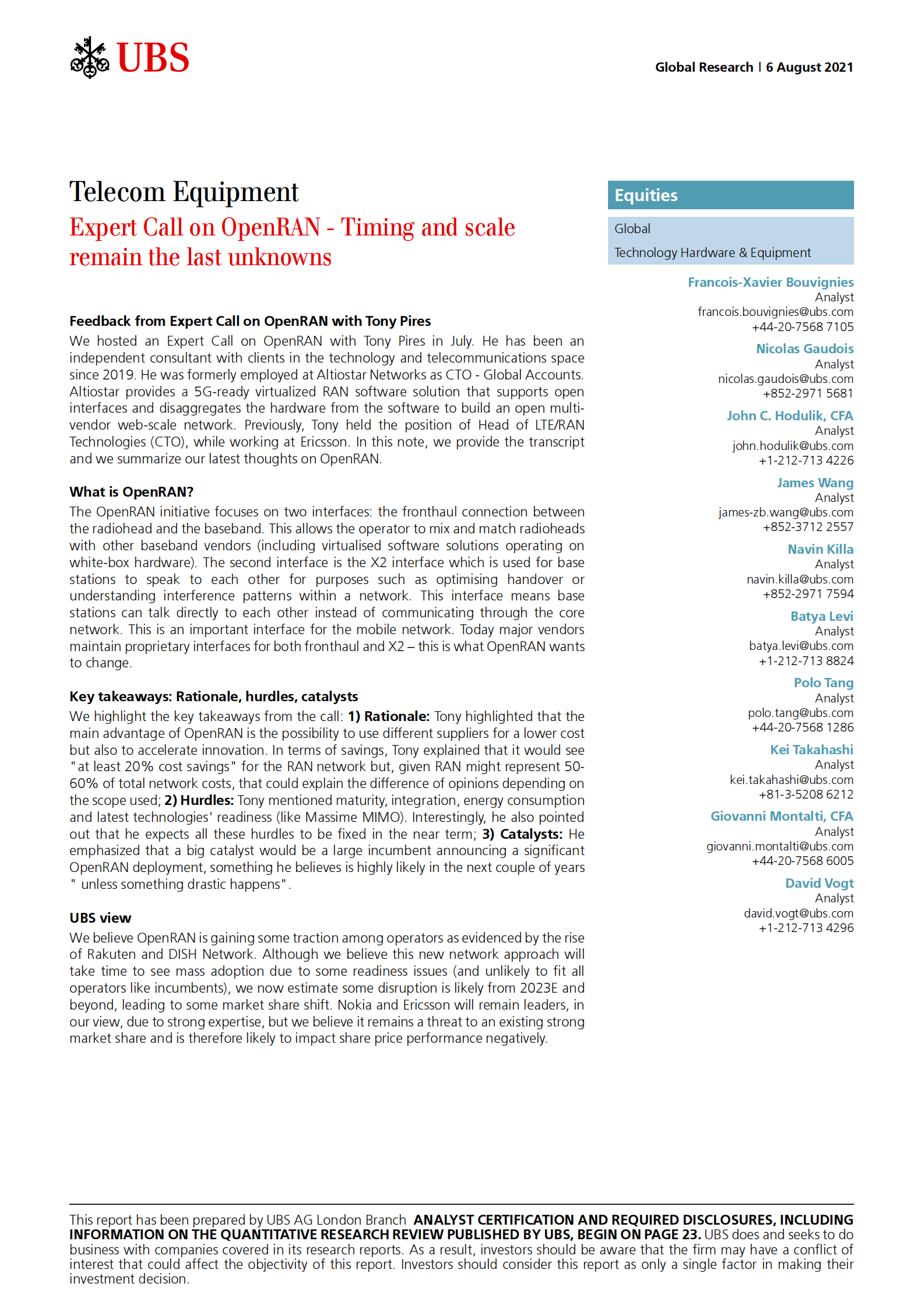 瑞银-全球科技硬件设备行业-专家呼吁开放式无线接入网：时间和规模仍然是最后的未知数-2021.8.6-33页 第1页