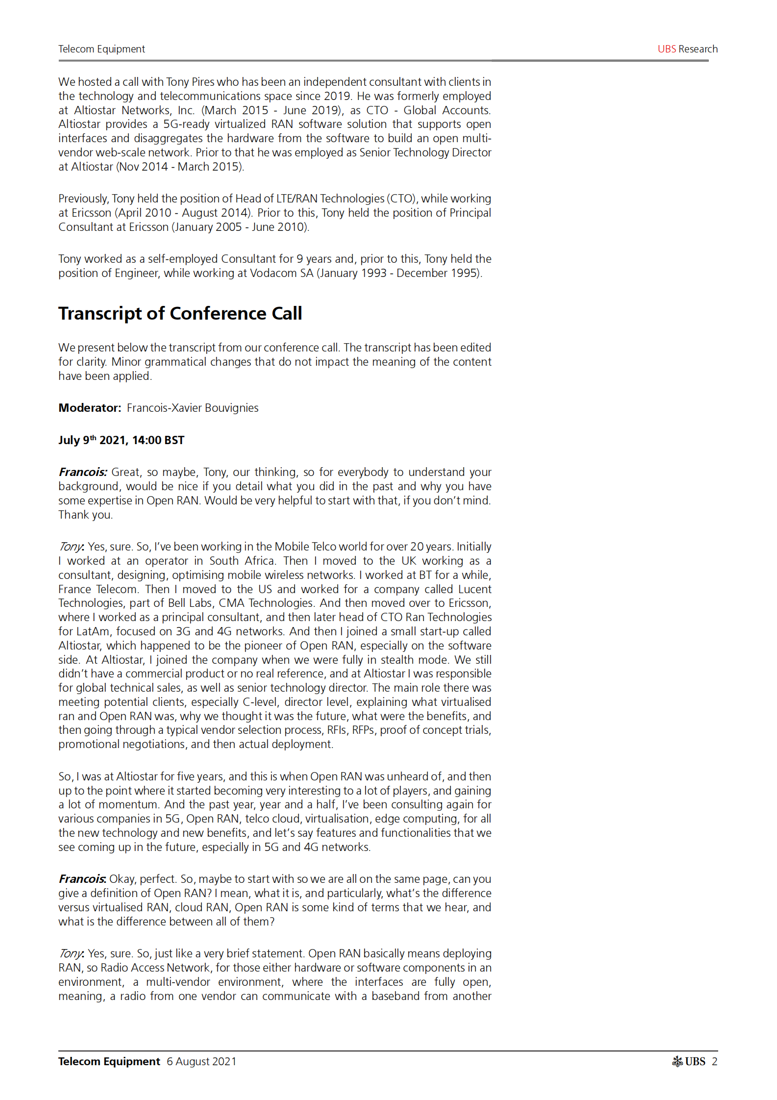 瑞银-全球科技硬件设备行业-专家呼吁开放式无线接入网：时间和规模仍然是最后的未知数-2021.8.6-33页 第2页