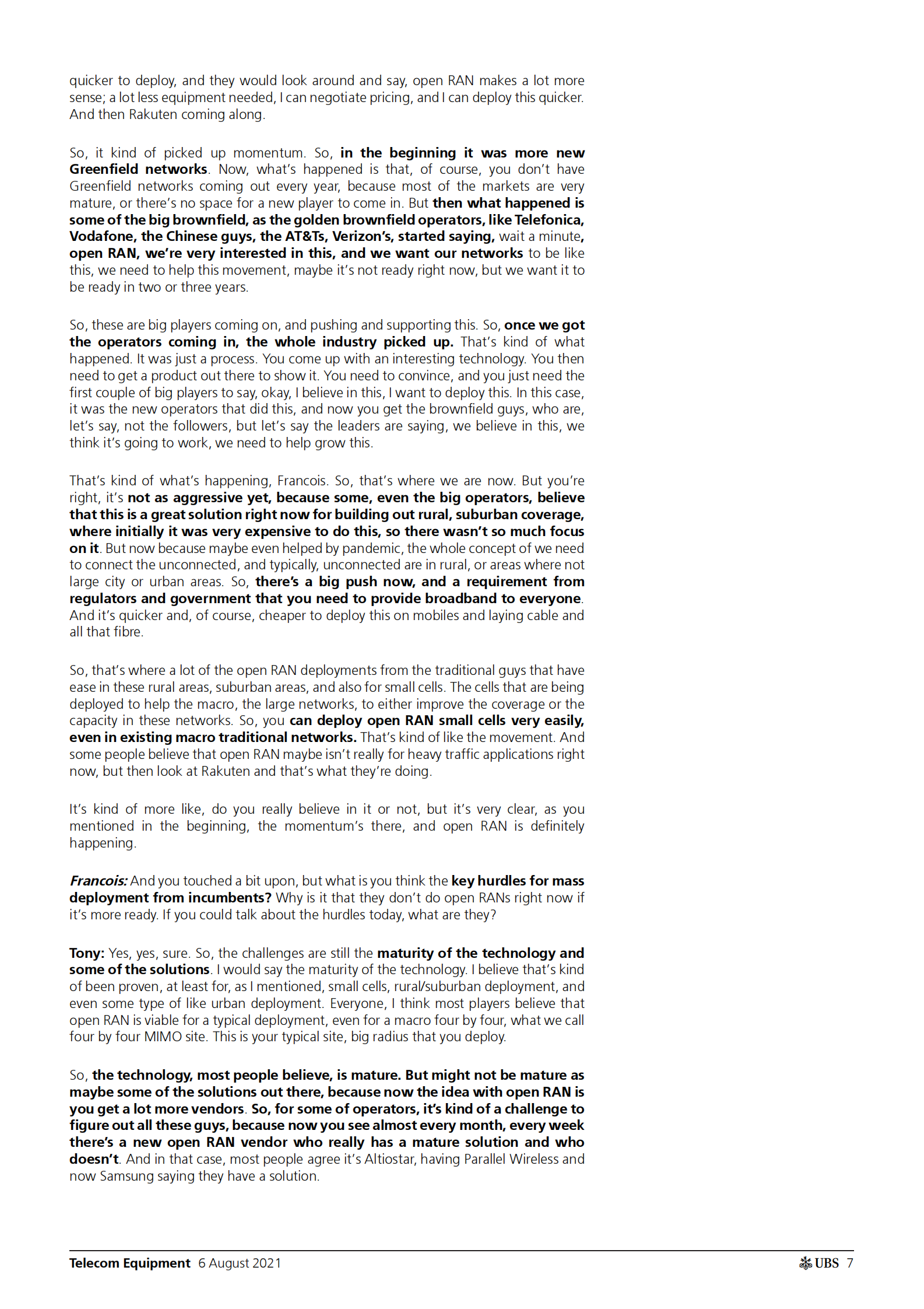 瑞银-全球科技硬件设备行业-专家呼吁开放式无线接入网：时间和规模仍然是最后的未知数-2021.8.6-33页 第7页