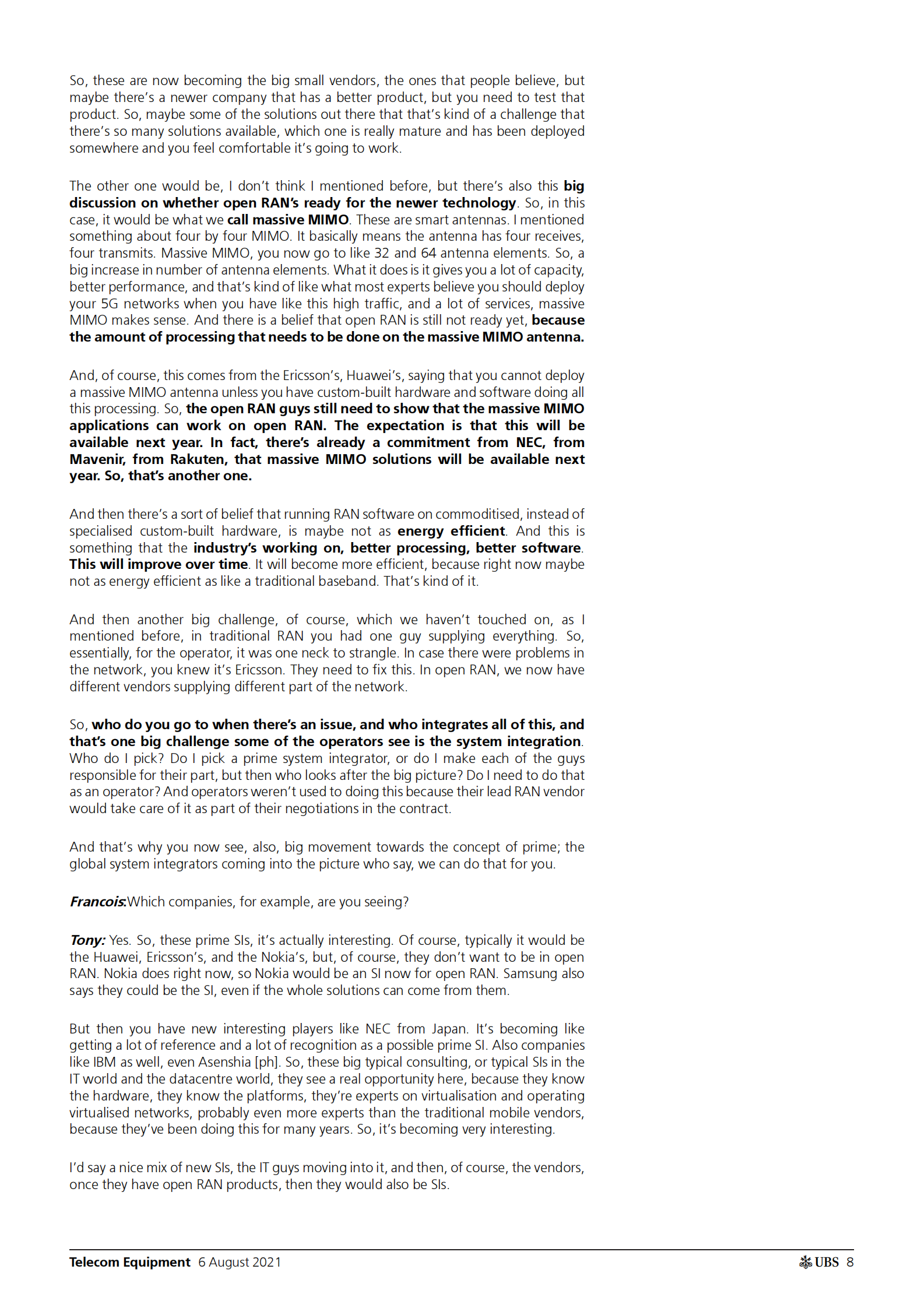 瑞银-全球科技硬件设备行业-专家呼吁开放式无线接入网：时间和规模仍然是最后的未知数-2021.8.6-33页 第8页