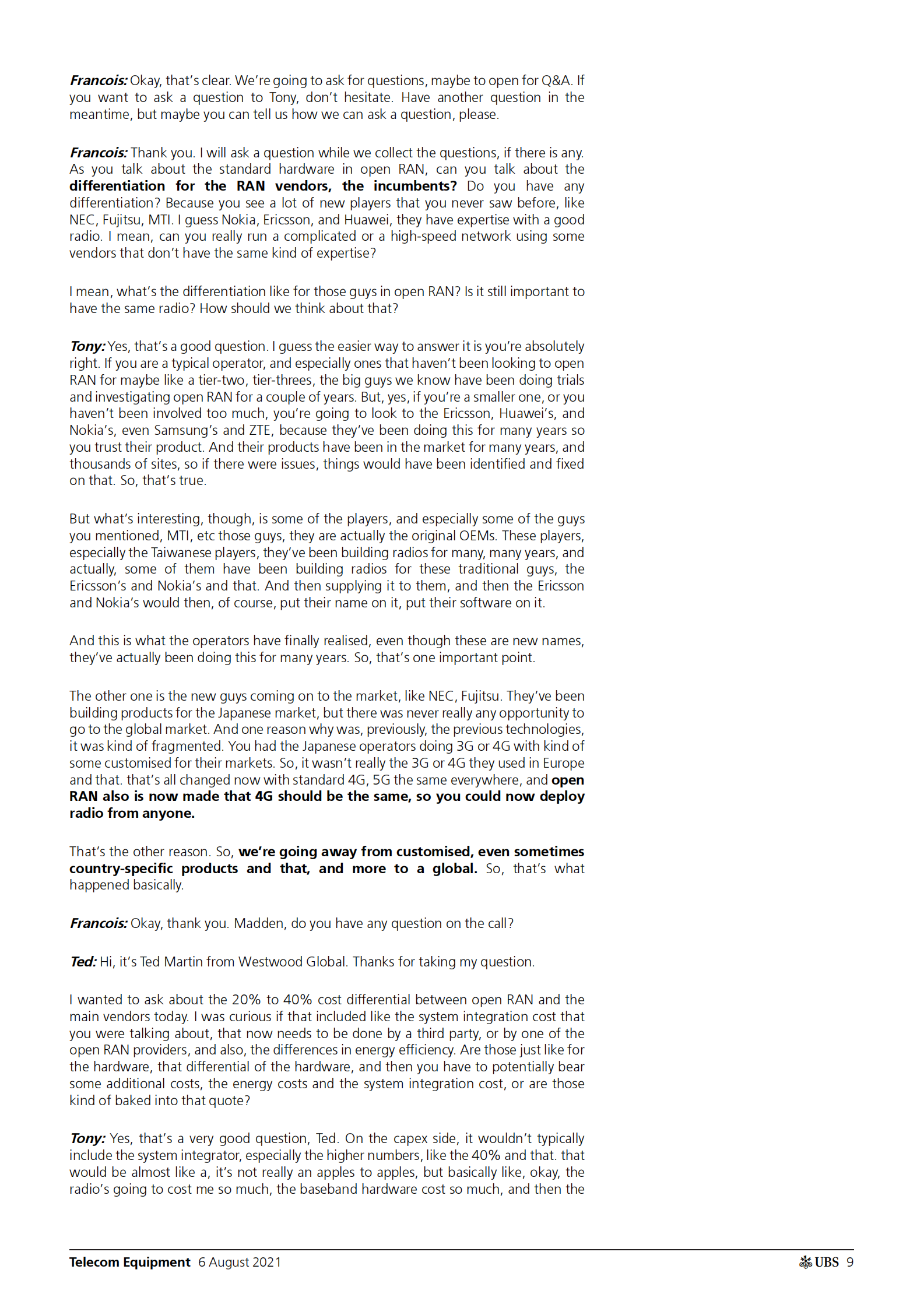 瑞银-全球科技硬件设备行业-专家呼吁开放式无线接入网：时间和规模仍然是最后的未知数-2021.8.6-33页 第9页