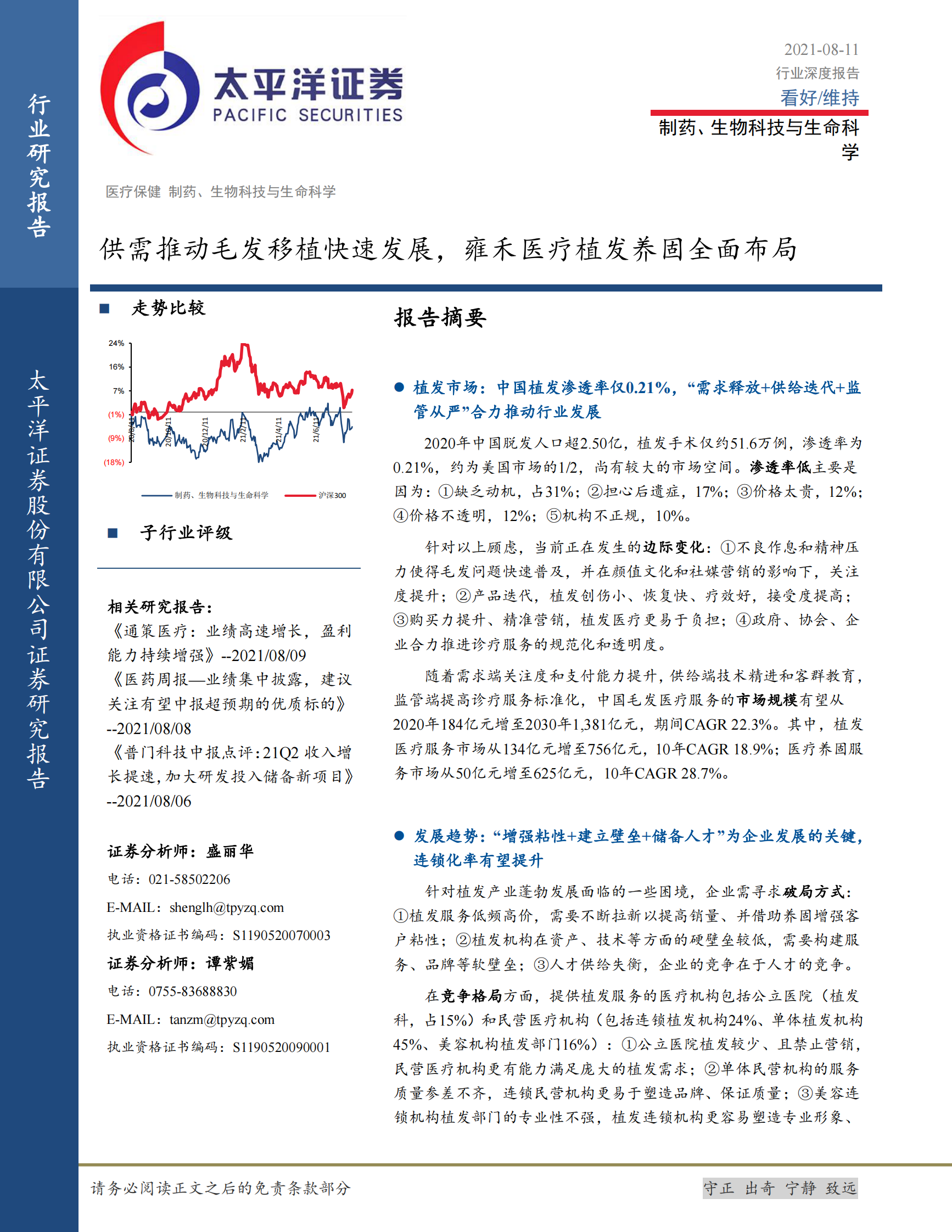 制药、生物科技与生命科学行业：供需推动毛发移植快速发展，雍禾医疗植发养固全面布局-20210811-太平洋证券-44页 第1页