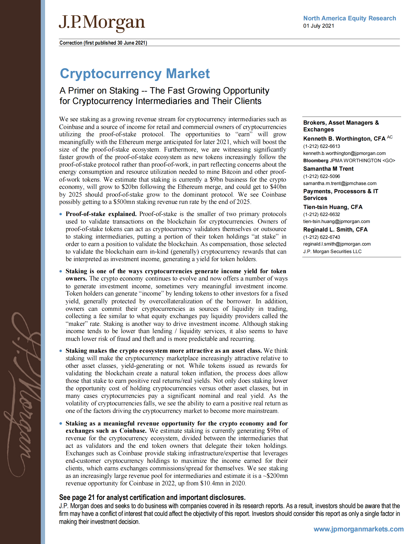 J.P. 摩根-美股加密数字货币行业-下注入门：加密货币中介机构及其客户快速增长的机会-2021.7.1-24页 第1页