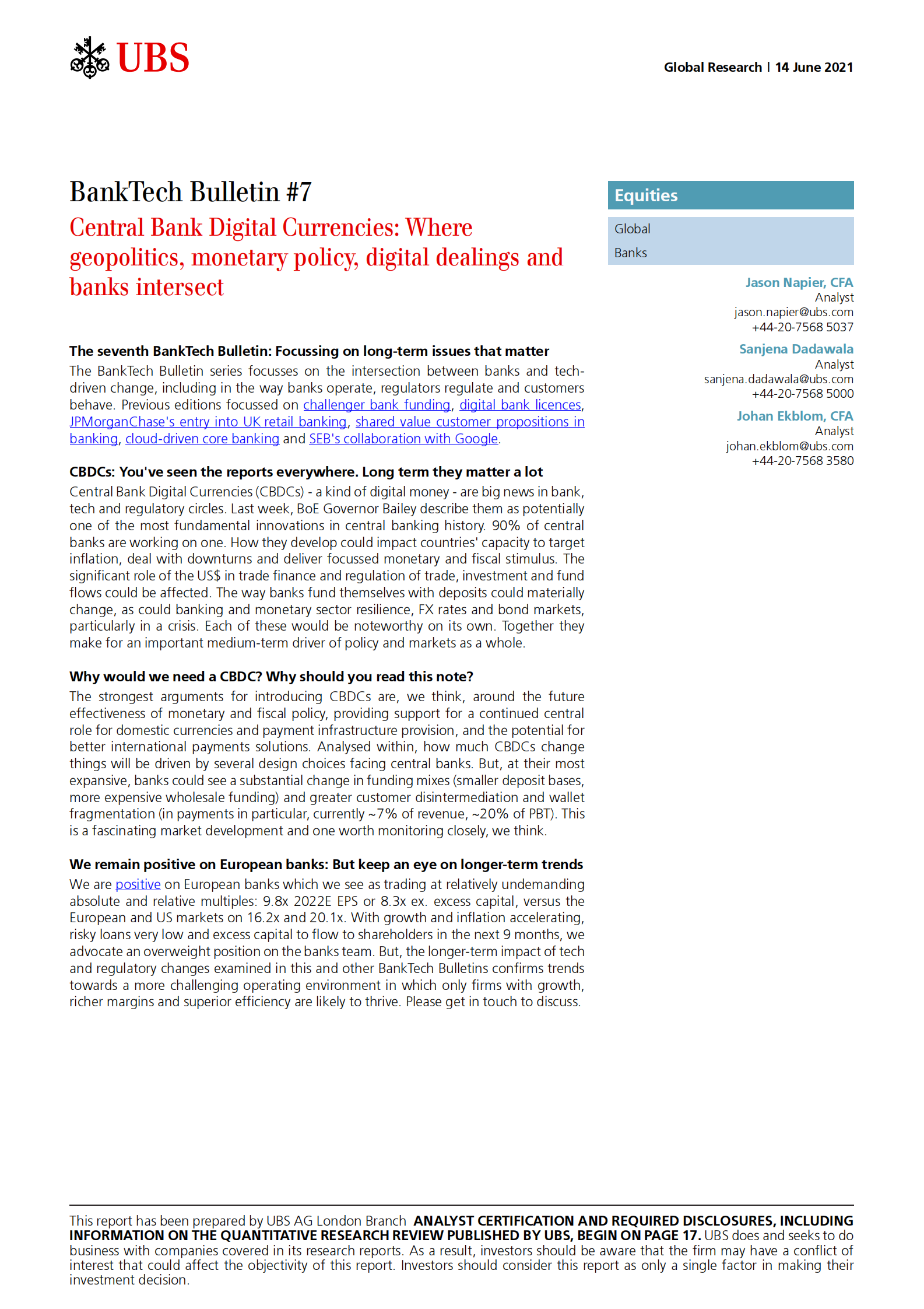 瑞银-全球银行业-中央银行数字货币：地缘政治、货币政策、数字交易和银行的交叉点-2021.6.14-24页 第1页